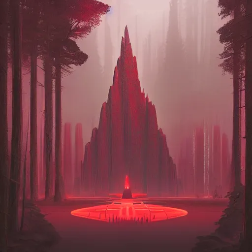 Prompt: red futuristic temple between giant trees, shooting stars, dramatic lighting, artstation, matte painting, raphael lacoste, simon stalenhag, frank lloyd wright