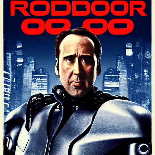 Prompt: a film poster of robocop with nicolas cage, realism, film grain