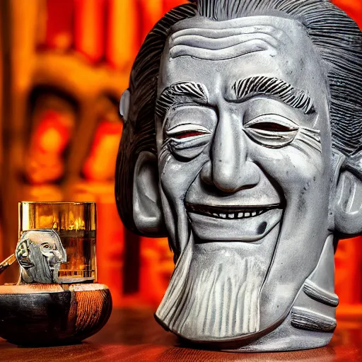 Prompt: a closeup photorealistic photograph of smiling salvador dali at trader vic's bar sitting next to a trader vic's style tiki mug featuring the face of salvador dali. tiki culture. bright scene. 4 k hd image that's trending on artstation, featured on behance, well rendered, extra crisp, features epic composition and the style of unreal engine.