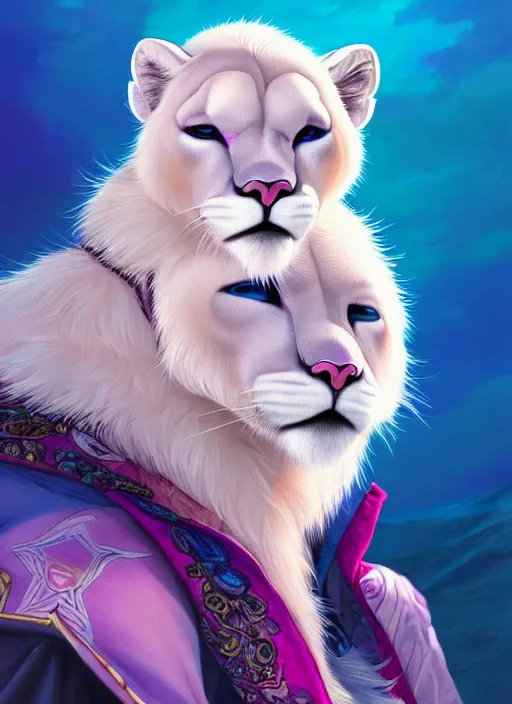 Image similar to award winning beautiful portrait commission of a male furry anthro albino mountain lion with a beautiful hyperdetailed attractive outfit and face wearing a blue and pink rockstar outfit on a stage. Character design by charlie bowater, ross tran, and makoto shinkai, detailed, inked, western comic book art