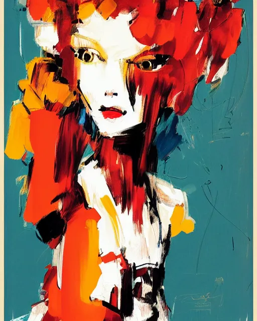 Prompt: Fashion model girl by Ashley Wood, Yoji Shinkawa, Jamie Hewlett, 60's French movie poster, French Impressionism, vivid colors, palette knife and brush strokes, Dutch tilt