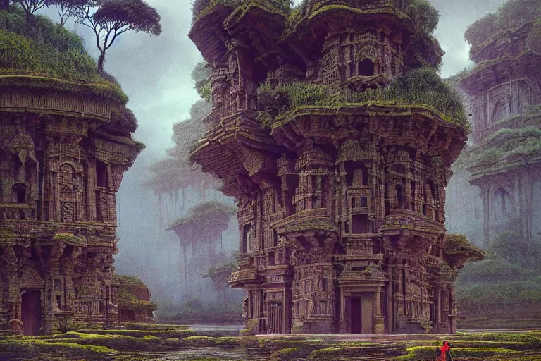 Image similar to photography of a beautiful archipelago of never seen before stunning ancient indian temple. complex intricate pilars patern, runes. trees water and flowers. afternoon light inspiring science fiction, intricate, elegant, uplifting, inspirational, highly detailed by beksinski and simon stalenhag