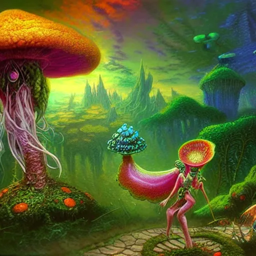 Prompt: fungus spore queen, 🍄 👑 fantasy character art by thomas kinkade, highly vibrant and poisonous