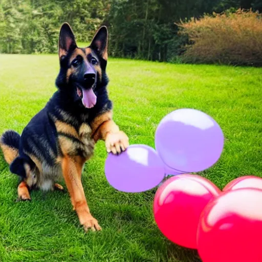 Image similar to a cartoon of a German shepherd playing with balloons