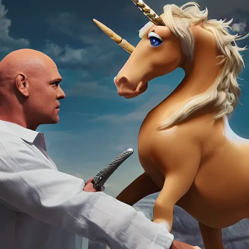 Prompt: Mr. clean riding a chubby balding blond guy and holding a unicorn toy, highly detailed, epic fantasy, film still, best shot, very long shot, 8K Imax