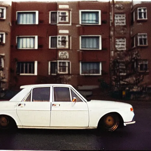 Image similar to low angle close to shot of russian car in soviet yard with block of flats, low grain film,polaroid, masterpiece, f 1.6, bokeh, mid day in style of william egglestone