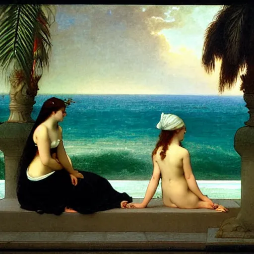 Image similar to Silhouette of two girls at the palace, thunderstorm, greek pool, beach and palm trees on the background major arcana sky, by paul delaroche, alphonse mucha and arnold böcklin arnold böcklin hyperrealistic 8k, very detailed