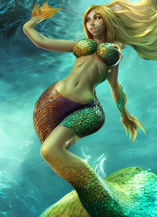 Prompt: nami the mermaid, from league of legends, au naturel, swimming underwater, green skin, hyper detailed, digital art, trending in artstation, cinematic lighting, studio quality, smooth render, unreal engine 5 rendered, octane rendered, art style by klimt and nixeu and ian sprigger and wlop and krenz cushart