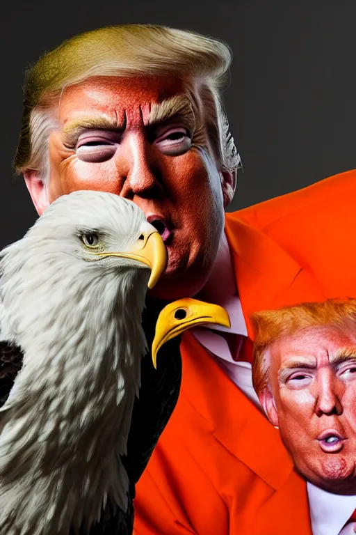 Image similar to Close-up portrait of Donald Trump in jail wearing orange clothes with an American bald eagle attacking him, octane, dramatic lighting, editorial photo, 35mm, very detailed