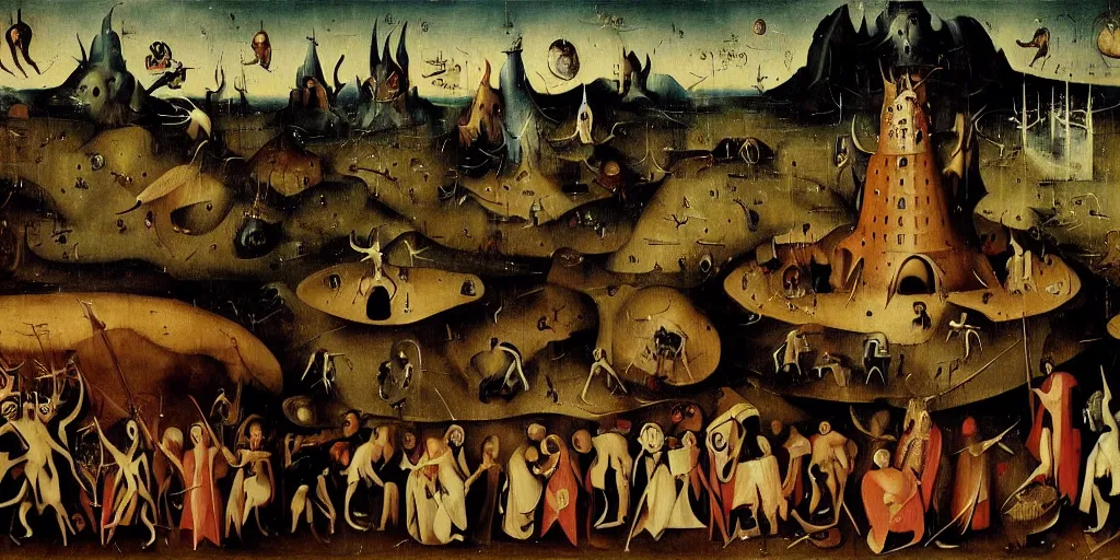 Prompt: a painting of man-made horrors beyond my comprehension by Hieronymus Bosch