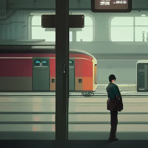 Image similar to a man waiting for a train at a train station, cyberpunk art by tomer hanuka, cgsociety, photorealism, matte drawing, digital illustration, digital painting