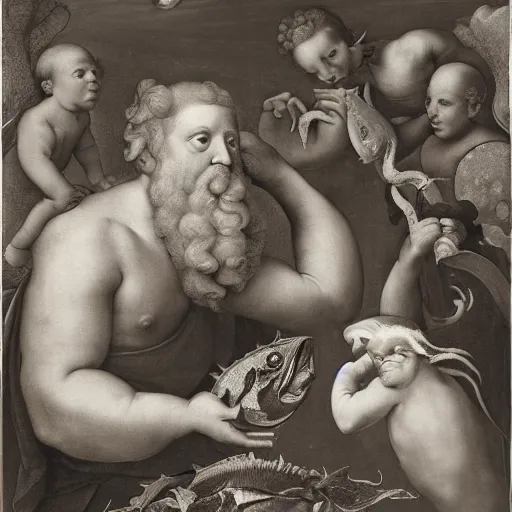 Image similar to by herbert list, by raphael, by jan van kessel the elder tired seashell. a experimental art of a mythological scene. large, bearded man seated on a throne, surrounded by sea creatures. he has a trident in one hand & a shield in the other. behind him is a large fish. in front of him are two smaller creatures.