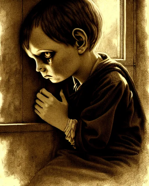 Prompt: creepy child, hopelessness, staring out, sepia, victorian, poor, ultra realistic, concept art, intricate details, cinematic, highly detailed