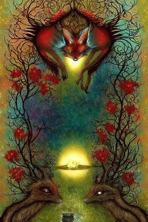 Prompt: surreal hybrid dragons and foxes, nostalgia for a fairytale, magic realism, flowerpunk, mysterious, vivid colors, by andy kehoe, amanda clarke