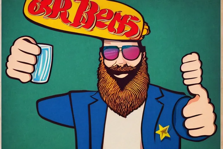 Image similar to a man holding a beer giving a thumbs up with a long beard, artwork in the style of 80's movie poster airbrushing