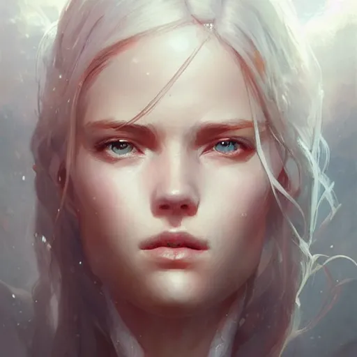 Image similar to a portrait of a beautiful hopeful lady with pretty eyes, beautiful eyes, looking up onto the sky, light smiling, art of wlop and greg rutkowski, intricate, high details, epic fantasy art, bright light masterpiece, ray of light through white hair