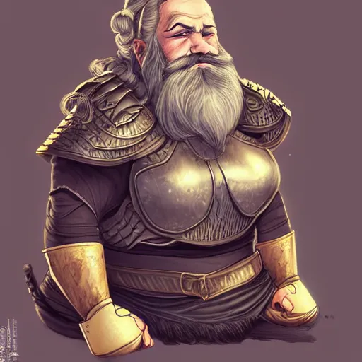 Prompt: elderly female feminine bearded dwarven heavyset fighter with curly long grey hairstyle, her full beard is long and plaited style, she has wrinkled skin and is wearing full black platemail armor with intricate slight gold trim by rossdraws