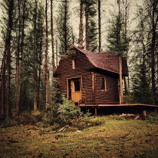 Image similar to a photo of a Eerie cabin in the middle of the woods in the style of blurry iphone footage