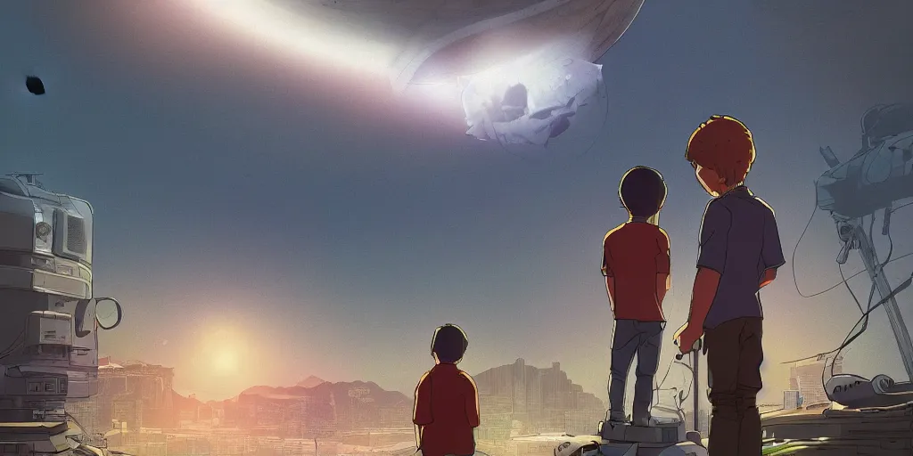 Image similar to highly detailed cell - shaded cartoon landscape with two boys looking at a miniature ufo 1 9 8 0 s science fiction, 1 9 7 0 s science fiction, cyberpunk, moody, misty, depth perception, 4 k, artstation, in the style of studio ghibli