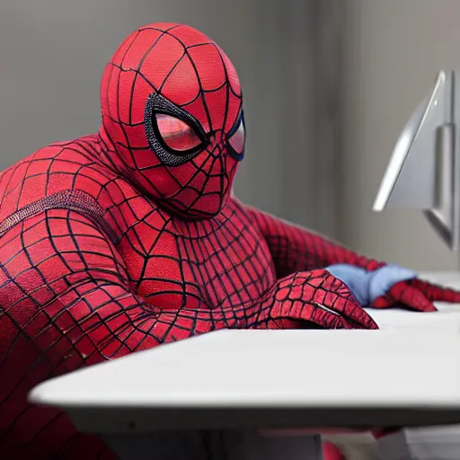 portrait photo of old, fat spiderman working at a desk | Stable Diffusion |  OpenArt