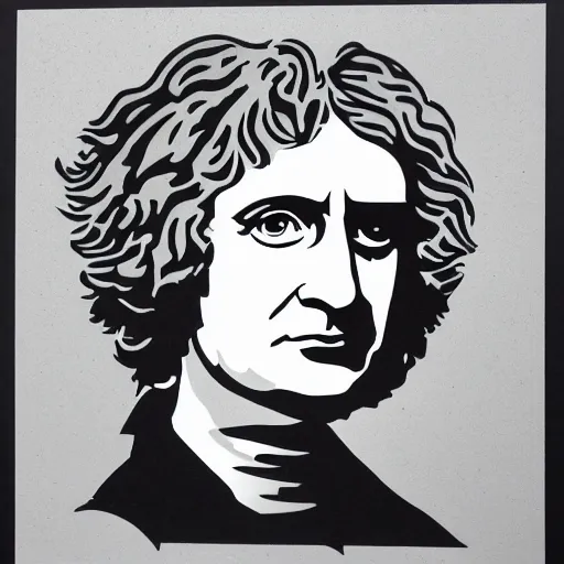 Prompt: individual isaac newton with a big wig silk screen banksy style