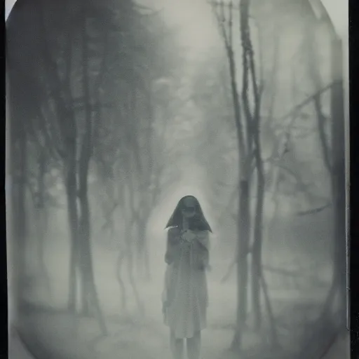 Image similar to an ancient evil-girl on a mysterious fractal forest, mist, 1910 polaroid photography, Black and white