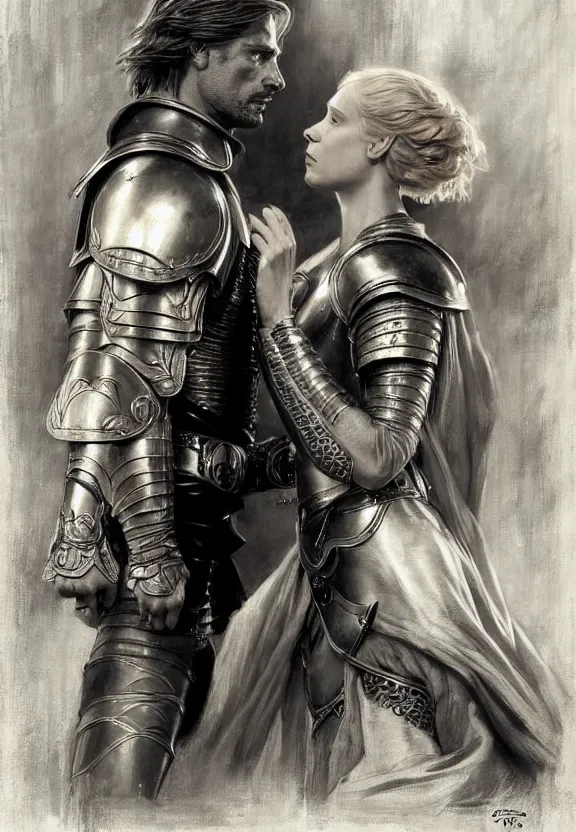 Image similar to attractive handsome fully clothed jaime lannister confesses his love for attractive fully armored brienne of tarth. highly detailed painting by gaston bussiere and j. c. leyendecker 8 k