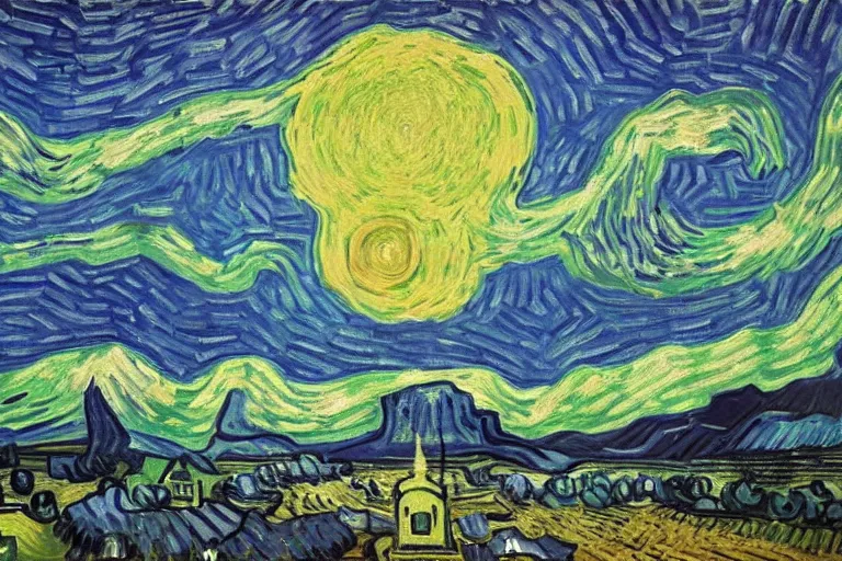 Image similar to landscape of dividing cell bodies towering up to heaven with dramatic lighting, 4K, oil painting by Van Gogh