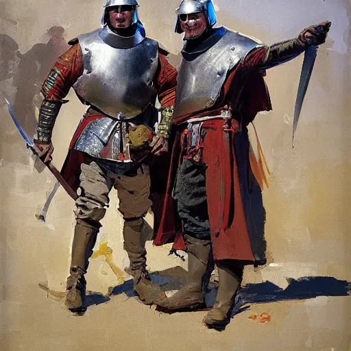 Image similar to portrait of two men wearing gambeson and medieval helmets, raised swords, fighting, detailed by greg manchess, craig mullins, bernie fuchs, walter everett