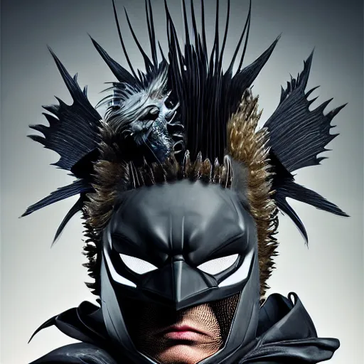 Prompt: jansen ackles as batman, 3 d portrait punk with mohawk with goat skull. beautiful intricately detailed japanese crow kitsune mask and clasical japanese kimono. betta fish, jellyfish phoenix, bio luminescent, plasma, ice, water, wind, creature, artwork by tooth wu and wlop and beeple and greg rutkowski