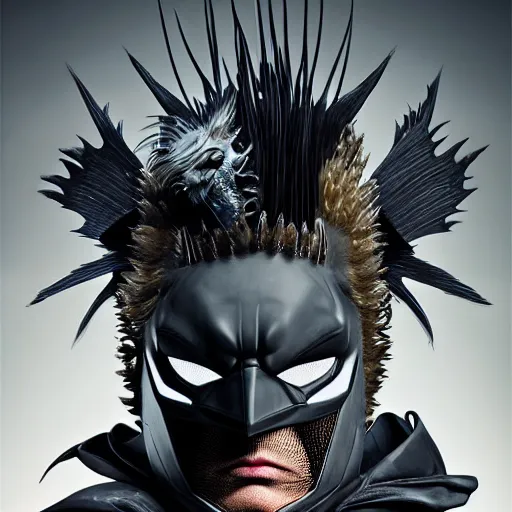 Image similar to jansen ackles as batman, 3 d portrait punk with mohawk with goat skull. beautiful intricately detailed japanese crow kitsune mask and clasical japanese kimono. betta fish, jellyfish phoenix, bio luminescent, plasma, ice, water, wind, creature, artwork by tooth wu and wlop and beeple and greg rutkowski