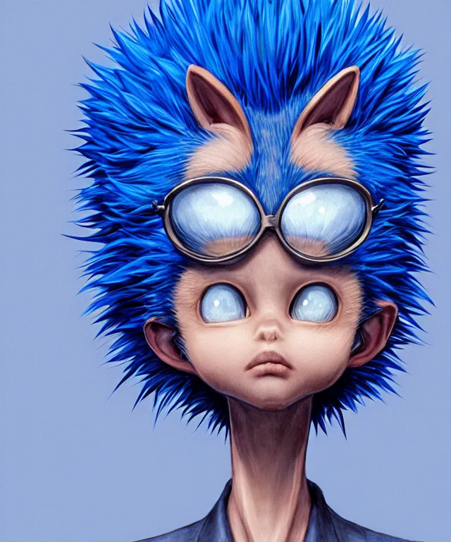 Image similar to an anthropomorphic blue hedgehog, fantasy, elegant, crisp 8 k line art, digital painting, artstation, unreal engine, octane render, concept art, matte, sharp focus, hyper realistic lighting, illustration, art by shintaro kago