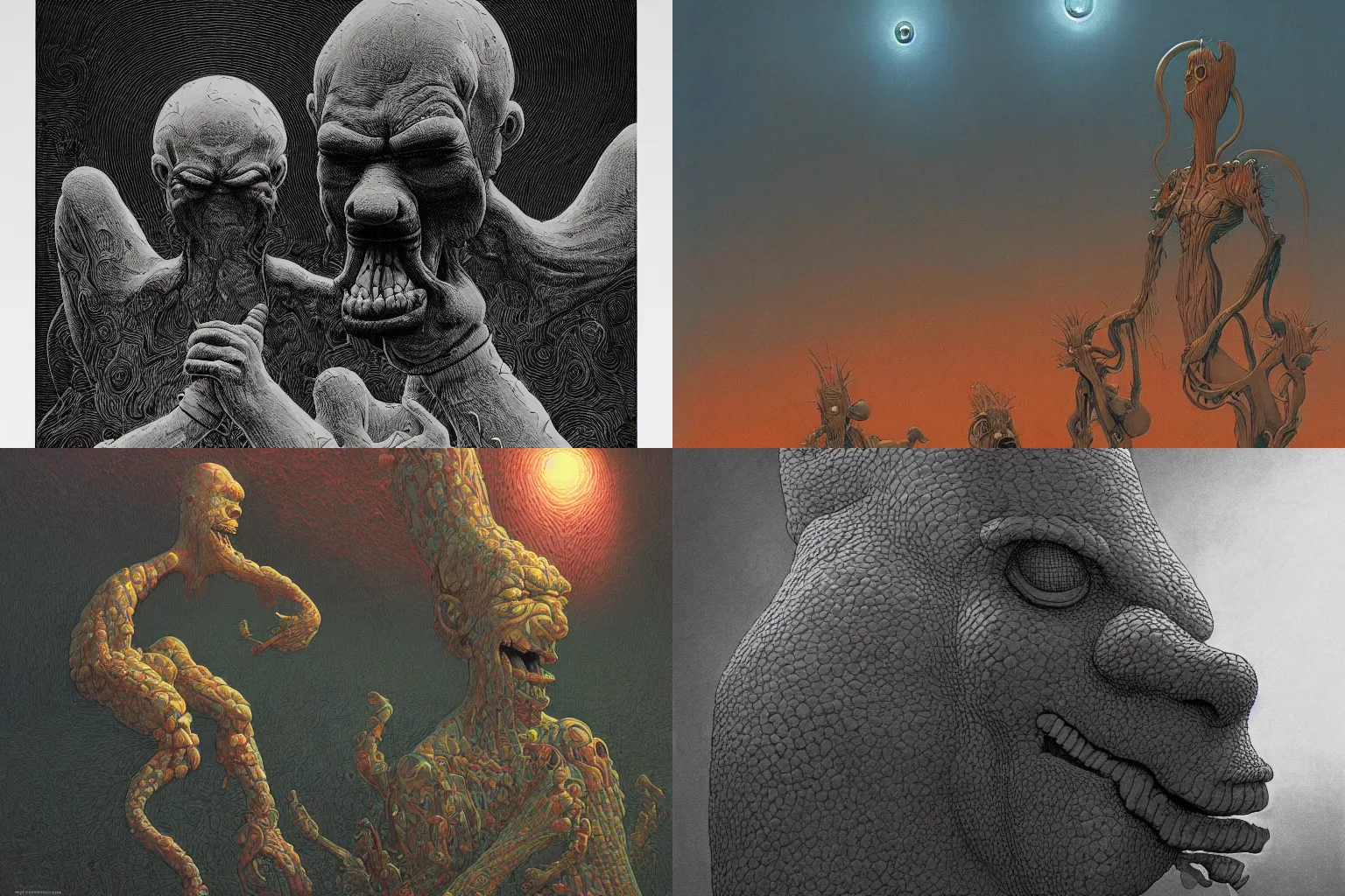 Prompt: concept art of Homer Simpson depicted as a demonic monster, new world order scheme in style of Zdzislaw Beksinski and Jean Giraud by moebius, very detailed, atmospheric, detailed lines, wide angle shot, 4k