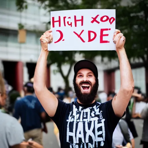 Image similar to photograph of smiling man holding a protest sign saying'xd ', high detail, 8 k resolution