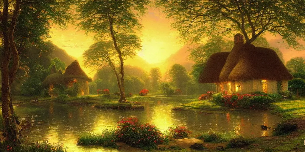 Prompt: a thatched cottage with lit windows by a lake in a lush green forest golden hour peaceful calm serene very highly detailed painting by thomas kinkade and albrecht bierstadt