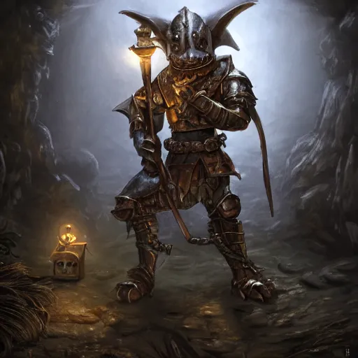 Prompt: an anthropomorphic dnd kobold paladin, wearing full metal plate mail, in a dark cave, lit by lantern, photography by bussiere rutkowski andreas roch, by george morikawa, by kentaro mire, highly detailed, 8 k