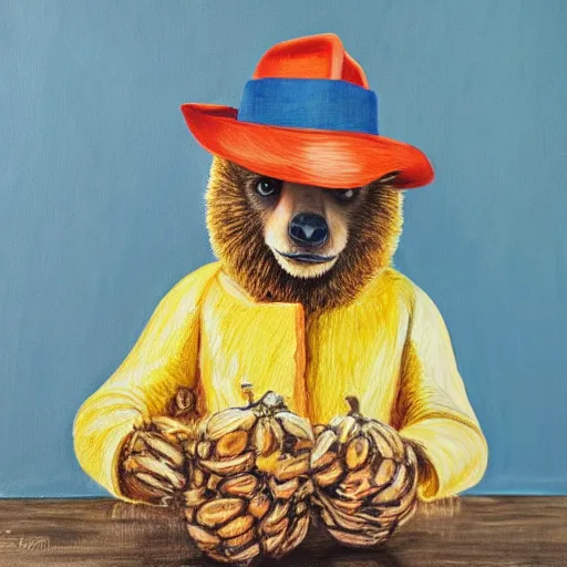 Prompt: paddington bear painting a photorealistic portrait of a woman made entirely of bananas, hyper realistic