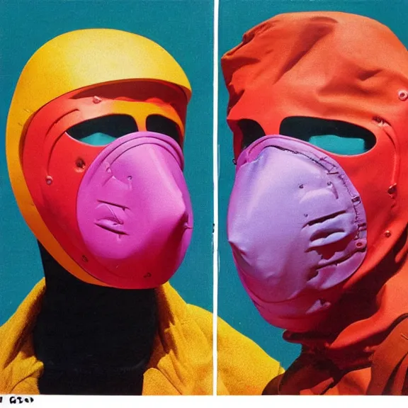 Prompt: two models in plastic space masks wearing baggy colorful 9 0 s rick owens jackets by frank frazetta. sci fi book cover. pastel brutalist background.