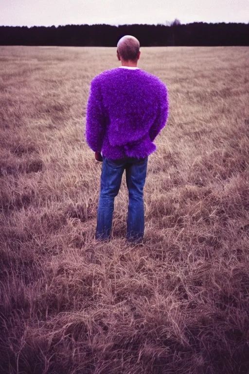 Prompt: kodak ultramax 4 0 0 photograph of a guy dressed in a furry purple sweater standing in a field, back view, grain, faded effect, vintage aesthetic,