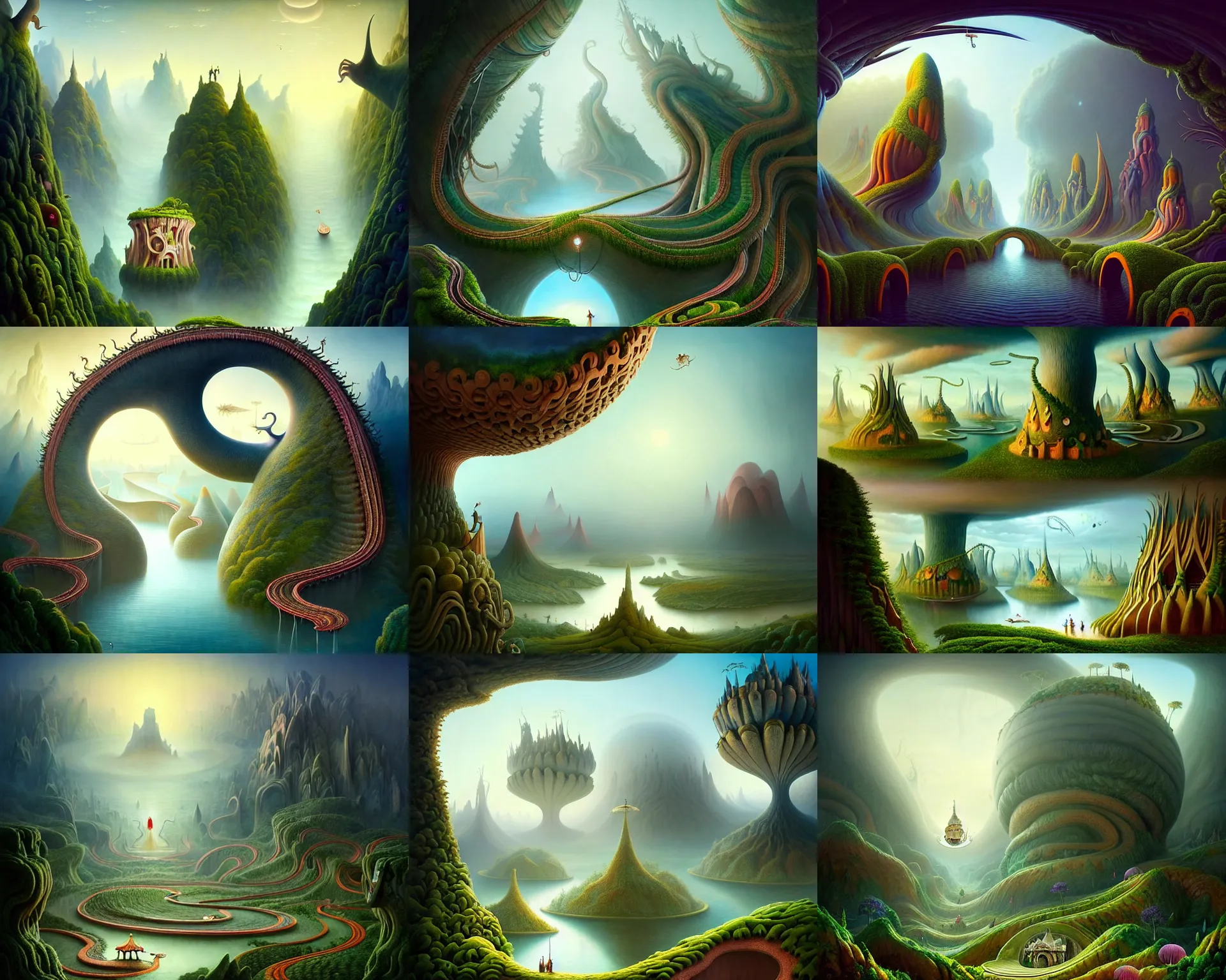 Prompt: a beguiling epic stunning beautiful and insanely detailed matte painting of the impossible winding path through the land of the giants with surreal architecture designed by Heironymous Bosch, mega structures inspired by Heironymous Bosch's Garden of Earthly Delights, vast surreal landscape and horizon by Asher Durand and Cyril Rolando and Natalie Shau, masterpiece!!!, grand!, imaginative!!!, whimsical!!, epic scale, intricate details, sense of awe, elite, wonder, insanely complex, masterful composition!!!, sharp focus, fantasy realism, dramatic lighting