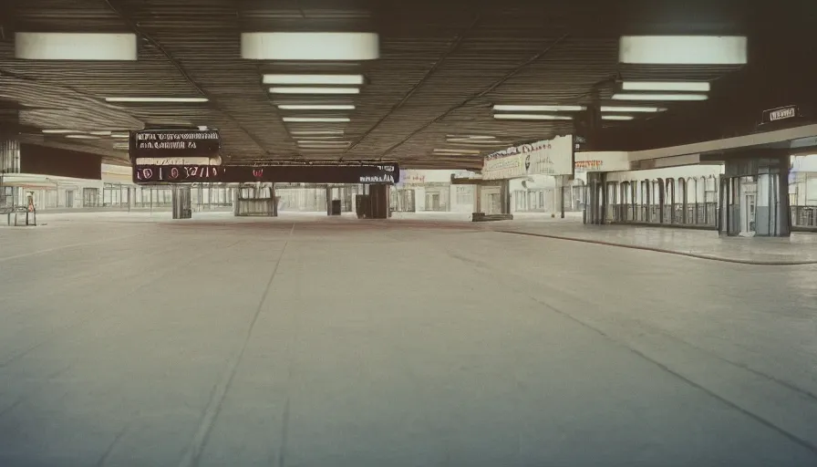 Image similar to 60s movie still of a sovietic stalinist style empty railway station, cinestill 800t 50mm eastmancolor, liminal Space style, heavy grain-s 150