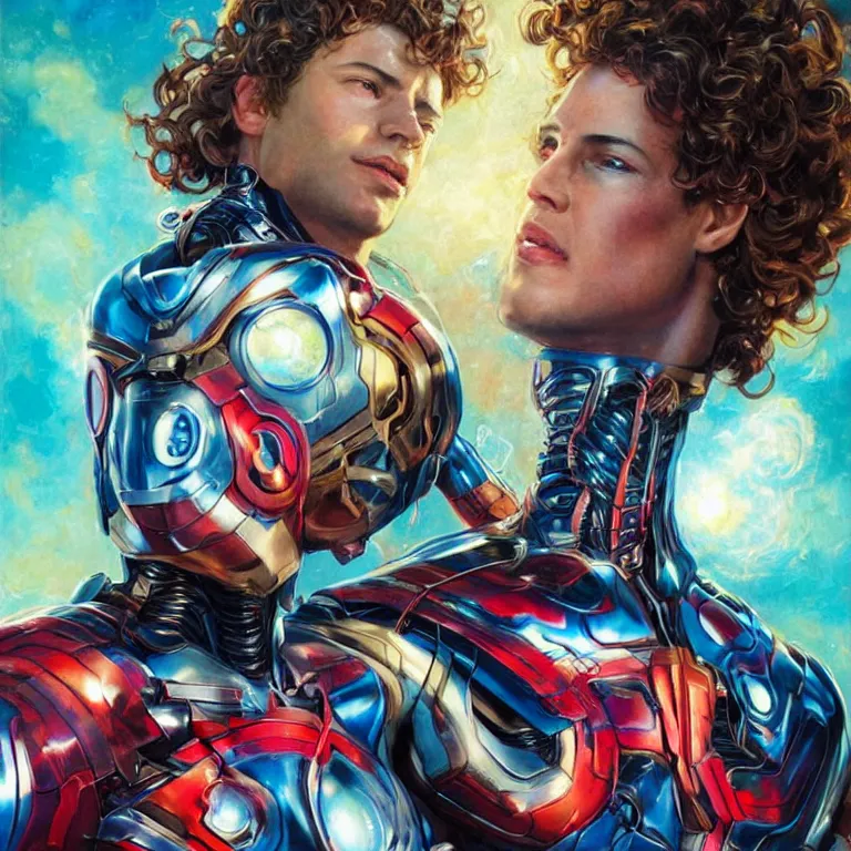 Prompt: an ultra real facial portrait of two swirly haired cyborgs from age of ultron, vibrant colors, colorful electronics, tropical, sunlight filtering through skin, dynamic hair movement, dynamic pose, glowing butterflies, j. c leyendecker, by alan lee, wlop! illustrated by starember, fantasy art by craig mullins