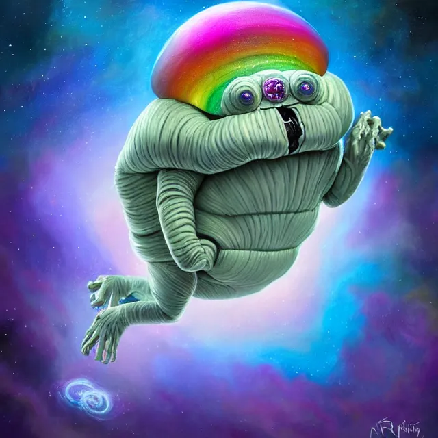 Image similar to a highly detailed tardigrade, it has rainbow hair and a beautiful unconventional face, floating through deep space, elegant, hyperrealistic, digital painting, artstation, realism, concept art, pop, smooth, mythological, sharp focus, qualia, illustration, art by mark ryden 3 d 8 k ultra detailed