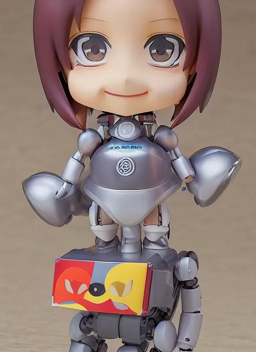 Image similar to a hyperrealistic oil painting of a kawaii mecha musume girl nendoroid caricature with a big dumb grin featured on wallace and gromit by George Condo