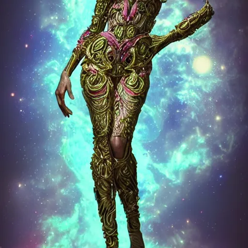 Image similar to beautiful zendaya in a cosmic dress, full-body, ornate, rococo, grotesque, zbrush art, majestic, organics, silver filigree, colorful, dark fantasy, celtic knot, anatomical, h r giger style, moebius, frank frazetta, ornate, art nouveau, symmetrical, turquoise jewelry, red smoke, roses, unbiased render, rotten, Emil melmoth, eerie, macabre, haunting + insanely detailed and intricate, floral, faded pink, hypermaximalist, elegant, vintage, hyper realistic, super detailed, pastel colors,