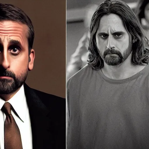 Image similar to Steve Carell as Jesus, The Office Scene, Cubicles, Photorealistic, Professional Photography, Sad