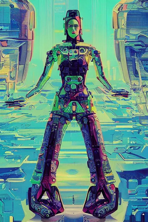 Image similar to attractive female android in feminine pose on a hyper-maximalist overdetailed retrofuturist scifi bookcover illustration from '70s. Inspired by vincent di fate. Biopunk, solarpunk style. Daytime