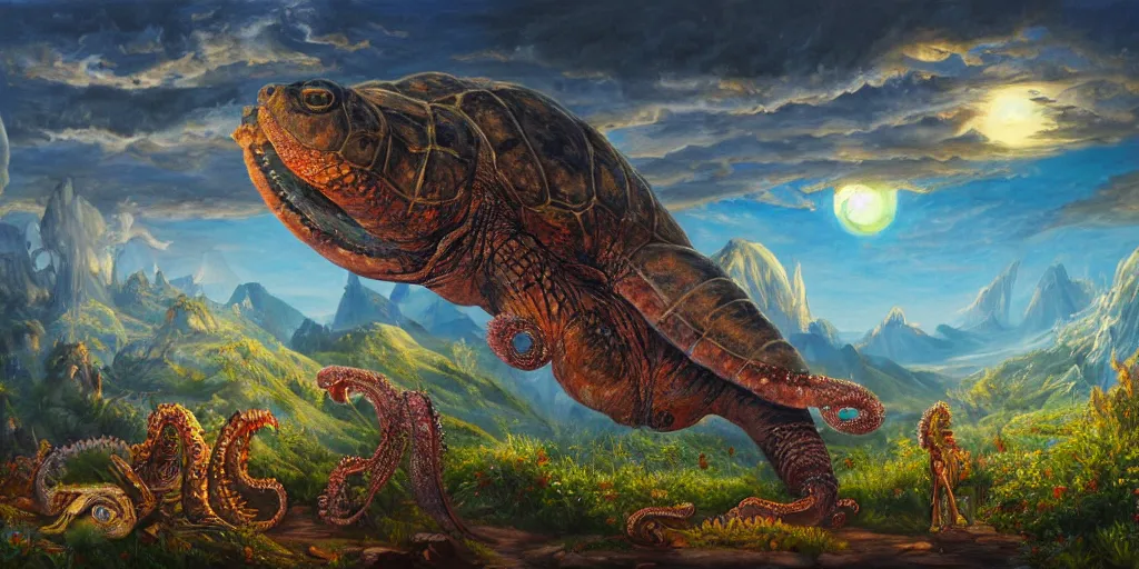 Image similar to fantasy oil painting, great leviathan, cybernetic turtle cephalopod terrapin reptilian pachyderm squid, bella hadid, hybrid, milla jovovich, anubis, epic natural light, lush plants flowers, spectacular mountains, bright clouds, luminous sky, outer worlds, golden hour, michael cheval, edward hopper, michael whelan, vray, hd