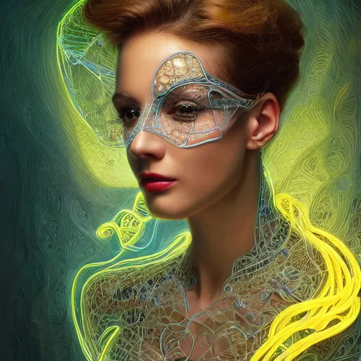 Image similar to one very beautiful woman integrating with technology, full face frontal centered, portrait, insipiring, detailed intricate ornate cables connected to head, big open electric eyes, luxurious detailed abundent wiring and implants, diamonds, sci-fi, neon, emeralds, detailed technology full background, highly detailed, artstation, Rene Lalique and Eddie Mendoza and Gil Elvgren