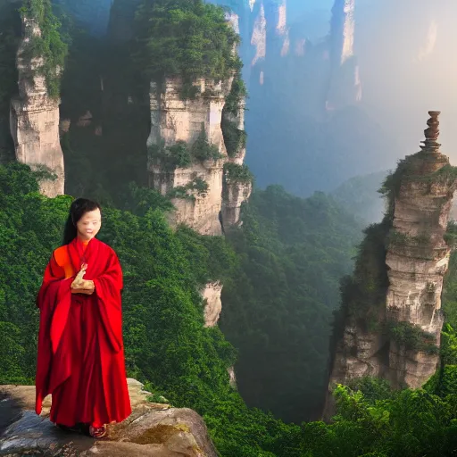 Prompt: mysterious chinese girl in front of a temple in zhangjiajie forest with buddhist monks in the background at dawn, matte painting, 4 k